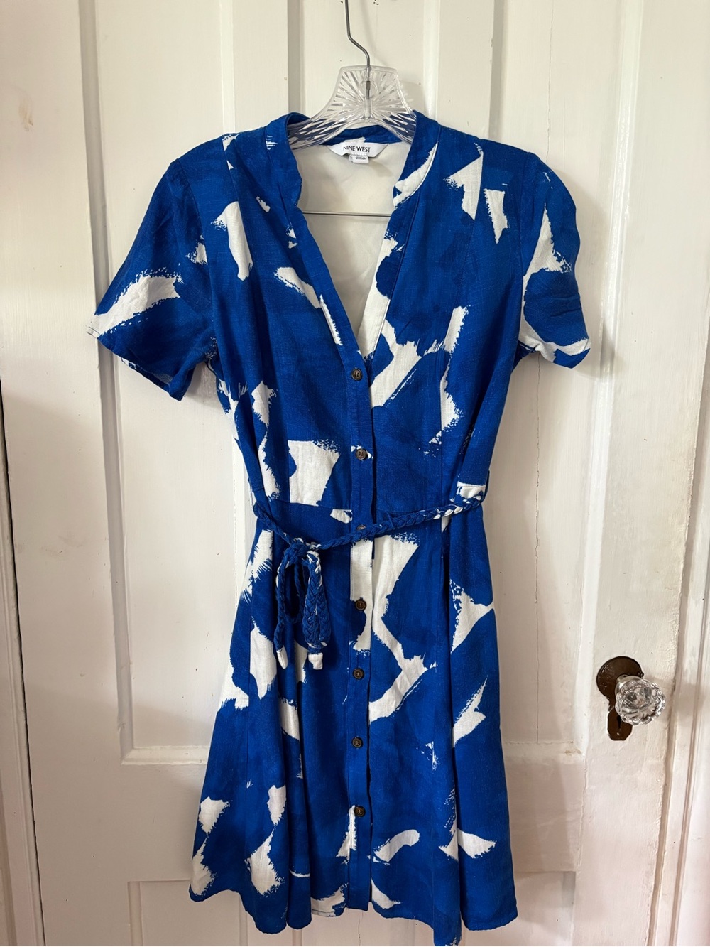 Nine West Blue and White Button-Front Midi Dress